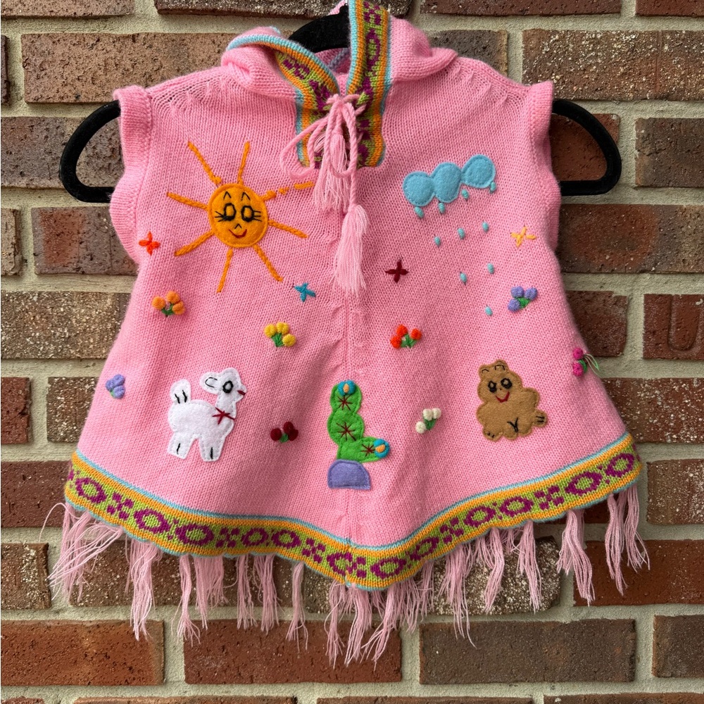 Pink Knit Hooded Poncho with Embroidery